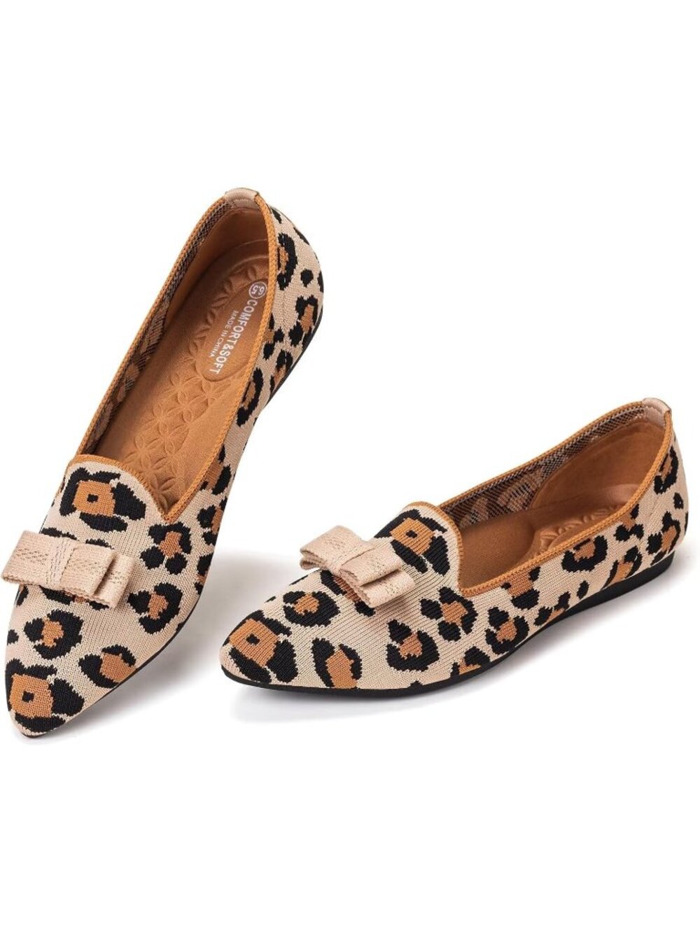 Women's Leopard Elegant Pointed Toe Fabric Lace Up Washable Loafer Flat Shoes
